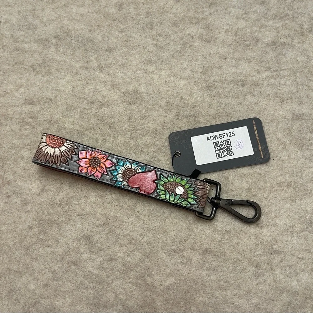 American Darling ADWSF125 Floral Tooled Leather Keychain Wristlet Gray New